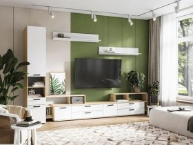 Модульная стенка Санса (дуб сонома/белый) в Лебедином - lebedinyj.mebel-nsk.ru | фото